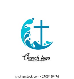 Church logo. Christian symbols. The cross of Jesus Christ and wave elements.