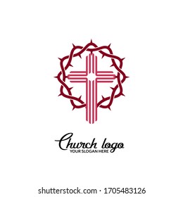 Church logo. Christian symbols. Cross on the background of the crown of thorns.