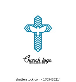 Church logo. Christian symbols. The cross of Jesus and the dove is the Holy Spirit.