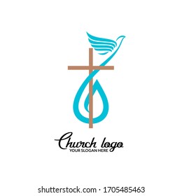 Church logo. Christian symbols. The cross of Jesus and the flame of the Holy Spirit.