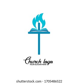 Church logo. Christian symbols. The cross of Jesus and the flame of the Holy Spirit.	