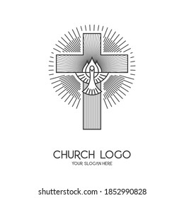 Church logo. Christian symbols. The Cross of Jesus Christ and the Symbol of the Holy Spirit are a dove and a flame.