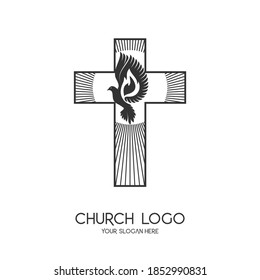 Church logo. Christian symbols. The Cross of Jesus Christ and the Symbol of the Holy Spirit are a dove and a flame.