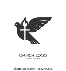 Church logo. Christian symbols. The Cross of Jesus Christ and the Symbol of the Holy Spirit are a dove and a flame.