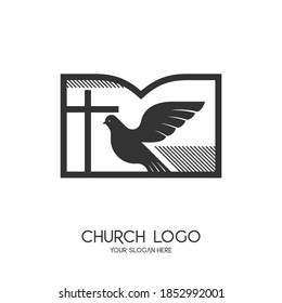 Church logo. Christian symbols. The cross of Jesus Christ, the Bible and the Symbol of the Holy Spirit - a dove.