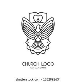 Church logo. Christian symbols. The cross of Jesus Christ, the Bible and the Symbol of the Holy Spirit - a dove.