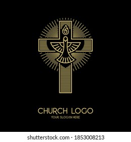 Church logo. Christian symbols. The Cross of Jesus Christ and the Symbol of the Holy Spirit are a dove and a flame.