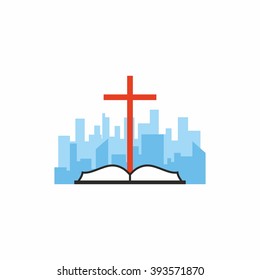 Church logo. Christian symbols. Cross on a Bible in a city icon