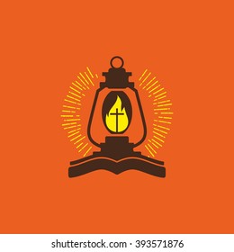 Church logo. Christian symbols. Cross in a flame in a lantern