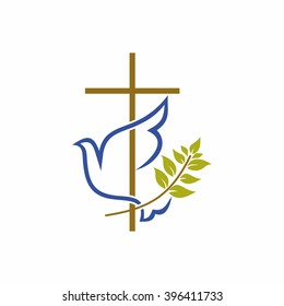 Church logo. Christian symbols. Cross, dove and olive branch.