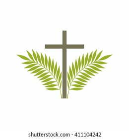Church logo. Christian symbols. Cross and palm branches.