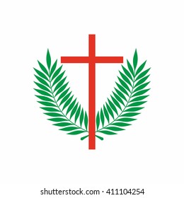 Church logo. Christian symbols. Cross and palm branches.