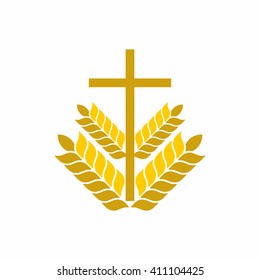 Church logo. Christian symbols. Cross and wheats.