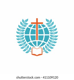 Church logo. Christian symbols. Cross, globe, open bible and laurel branches.