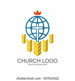 Church logo. Christian symbols. Cross, The Globe and ripe wheat.