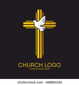 Church logo. Christian symbols. Cross and dove, Holy Spirit.