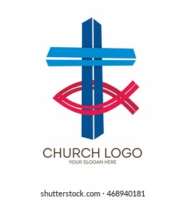 Church logo. Christian symbols. Cross and Jesus fish.