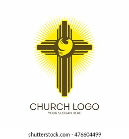 Church Logo. Christian Symbols. Cross And Holy Spirit, Dove.