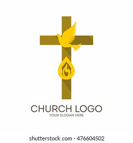 Church logo. Christian symbols. Cross, Holy Spirit and flame.