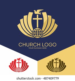 Church logo. Christian symbols. The cross of Jesus Christ and the dove of the Holy Spirit, globe.