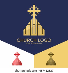 Church logo. Christian symbols. The cross of Jesus and a crown of thorns.