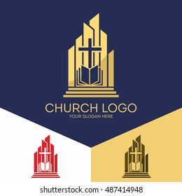 Church logo. Christian symbols. The cross of Jesus Christ, the Holy Bible.