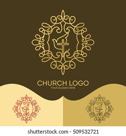 Church logo. Christian symbols. The Cross of Jesus, the Holy Spirit - Dove, elegant patterns