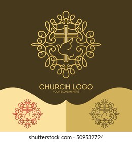 Church logo. Christian symbols. The Cross of Jesus, the Holy Spirit - Dove, elegant patterns