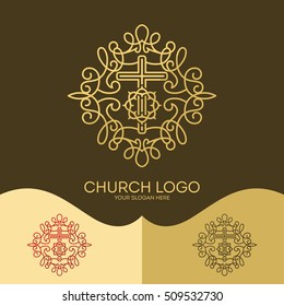 Church logo. Christian symbols. The cross of Jesus and the Crown of Thorns, elegant patterns.