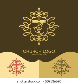 Church logo. Christian symbols. The Cross of Jesus, the Holy Spirit - Dove, elegant patterns.