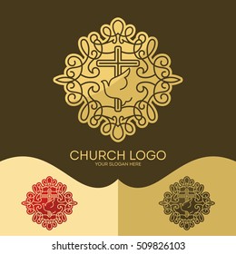 Church logo. Christian symbols. The Cross of Jesus, the Holy Spirit - Dove, elegant patterns.