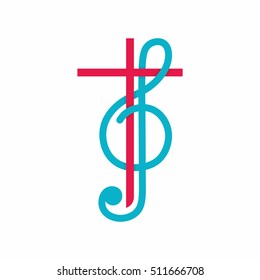 Church logo. Christian symbols. The cross of Jesus Christ and treble clef as a symbol of praise and worship to God.