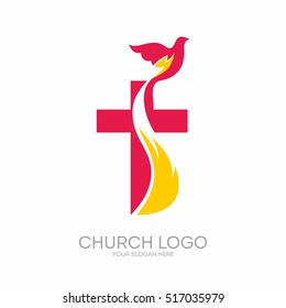 Church logo. Christian symbols. The Cross of Jesus, the fire of the Holy Spirit and the dove.