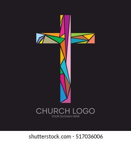 Church logo. Christian symbols. The Cross of Jesus Christ composed of colored elements.