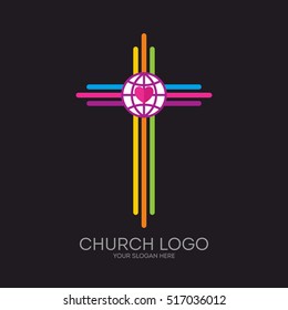 Church logo. Christian symbols. The cross of Jesus, multicolored stripes, globe and heart.