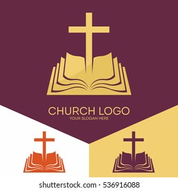 Church logo. Christian symbols. The cross of Jesus Christ and the Bible - the foundation of faith.
