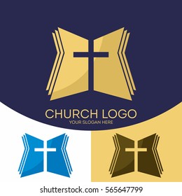 Church logo. Christian symbols. The cross of Jesus Christ and the Holy Bible.