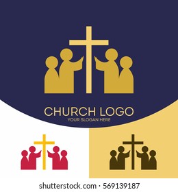 Church logo. Christian symbols. The cross of Jesus Christ and the people who worship God