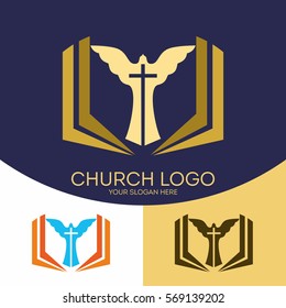 Church logo. Christian symbols. The cross of Jesus Christ, the Bible and the Holy Spirit, the dove.