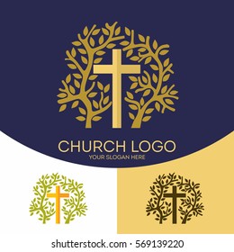 Church logo. Christian symbols. The cross of Jesus Christ and the elements of the tree