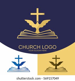 Logo de la iglesia. Símbolos cristianos. La cruz de Jesucristo, la Biblia y el Espíritu Santo, la paloma.