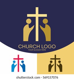 Church logo. Christian symbols. The cross of Jesus Christ and the people who worship God