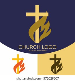 Church logo. Christian symbols.  The cross of Jesus Christ, the flame - a symbol of the Holy Spirit.