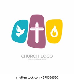 Church logo. Christian symbols. The cross of Jesus Christ, a dove - the Holy Spirit and flame.