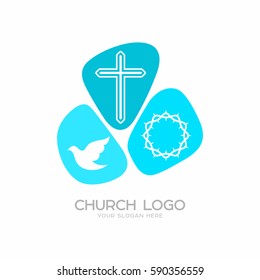 Church logo. Christian symbols. The cross of Jesus Christ, a dove - the Holy Spirit, and a crown of thorns.