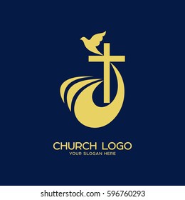 Church logo. Christian symbols. The cross of Jesus Christ and the Holy Spirit is a dove.