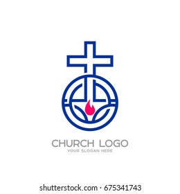 Church logo. Christian symbols. The cross of Jesus and the flame