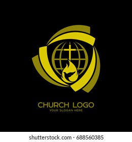 Church logo. Christian symbols. The cross, the globe and symbols of the kingdom of God