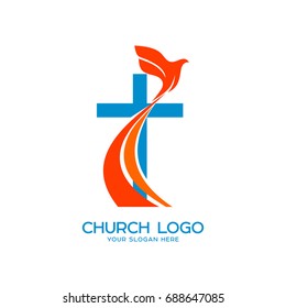 Church logo. Christian symbols. Cross and a flying dove - a symbol of the Holy Spirit