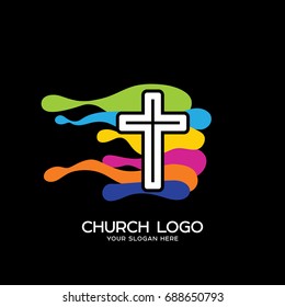 Church logo. Christian symbols. The cross of Jesus and the colored waves